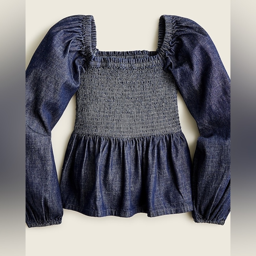 J Crew puff sleeve chambray smocked top